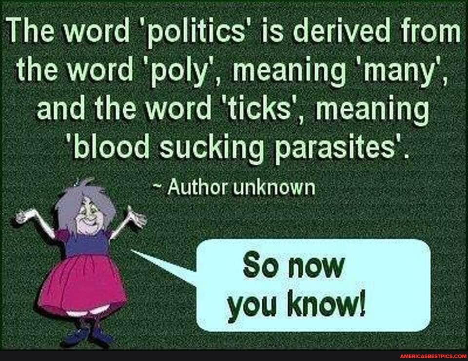 The word 'politics' is derived from the word 'poly', meaning 'many', and the word 'ticks', meaning
'blood sucking parasites'.
Author unknown
So now you know!