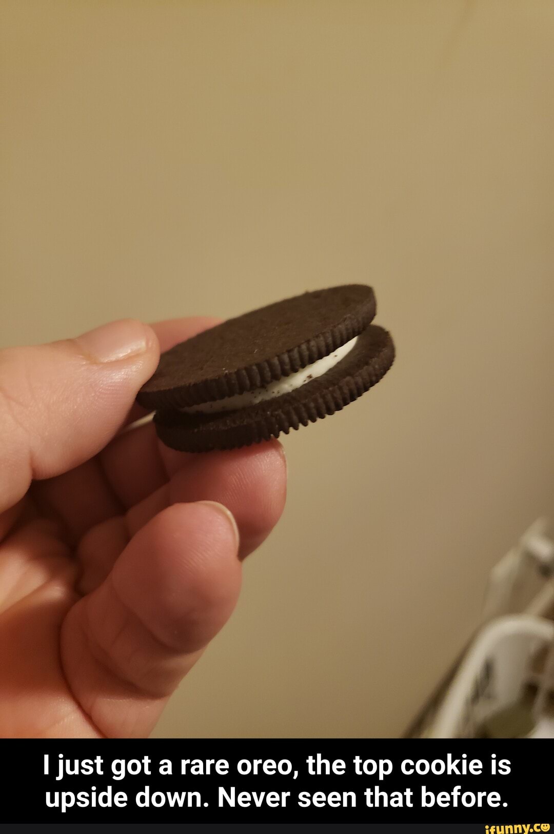 I just got a rare oreo, the top cookie is upside down. Never seen that
