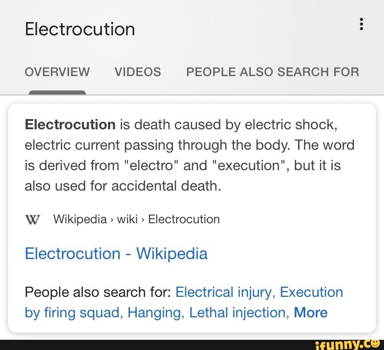 Electrocution Electrocution is death caused by electric shock, electric