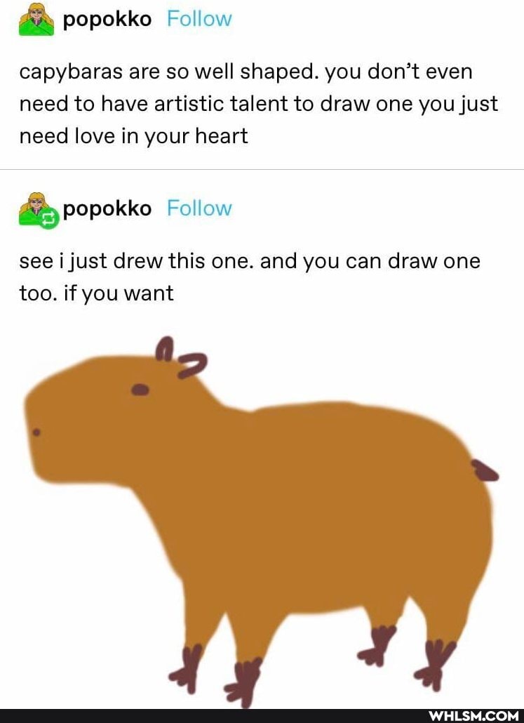 A popokko Follow
capybaras are so well shaped. you don't even need to have artistic talent to draw one you just need love in your heart
popokko Follow
see just drew this one. and you can draw one too. if you want
