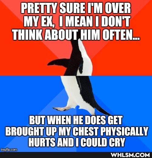 PRETTY SURE I'M OVER MY EX, MEAN DON'T THINK ABOUT HIM OFTEN...
BUT WHEN HE DOES GET BROUGHT UP MY CHEST PHYSICALLY HURTS AND COULD CRY.