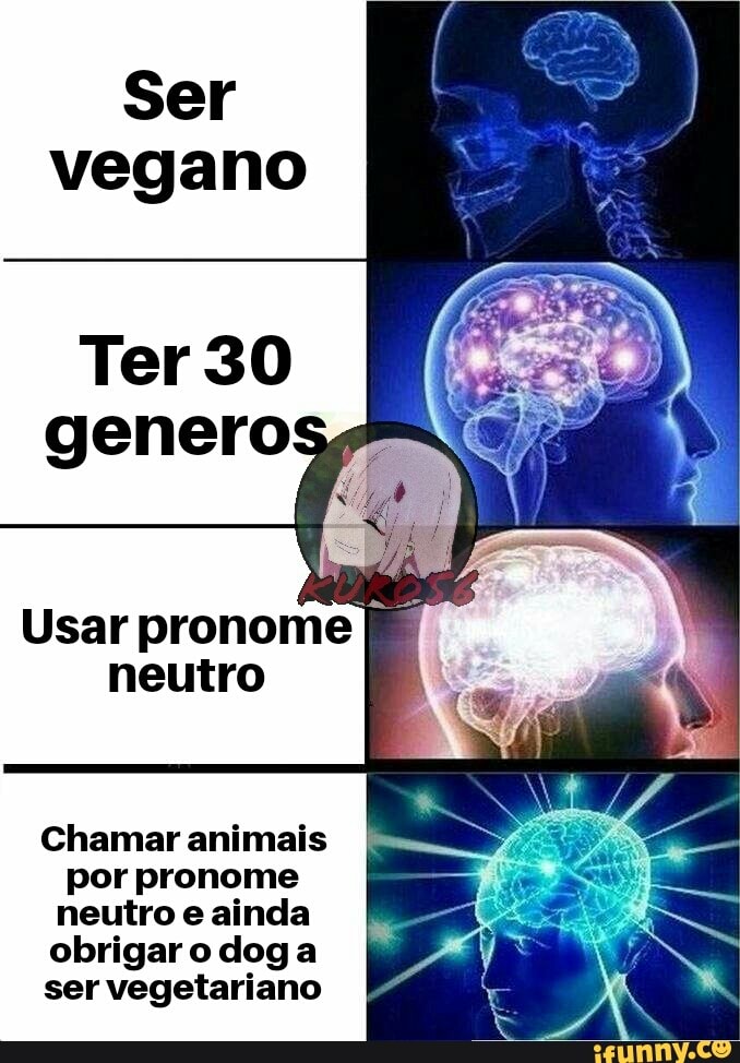 Ser vegano
Usar pronome neutro
Chamar animais por pronome neutro e ainda obrigar o dog a ser vegetariano