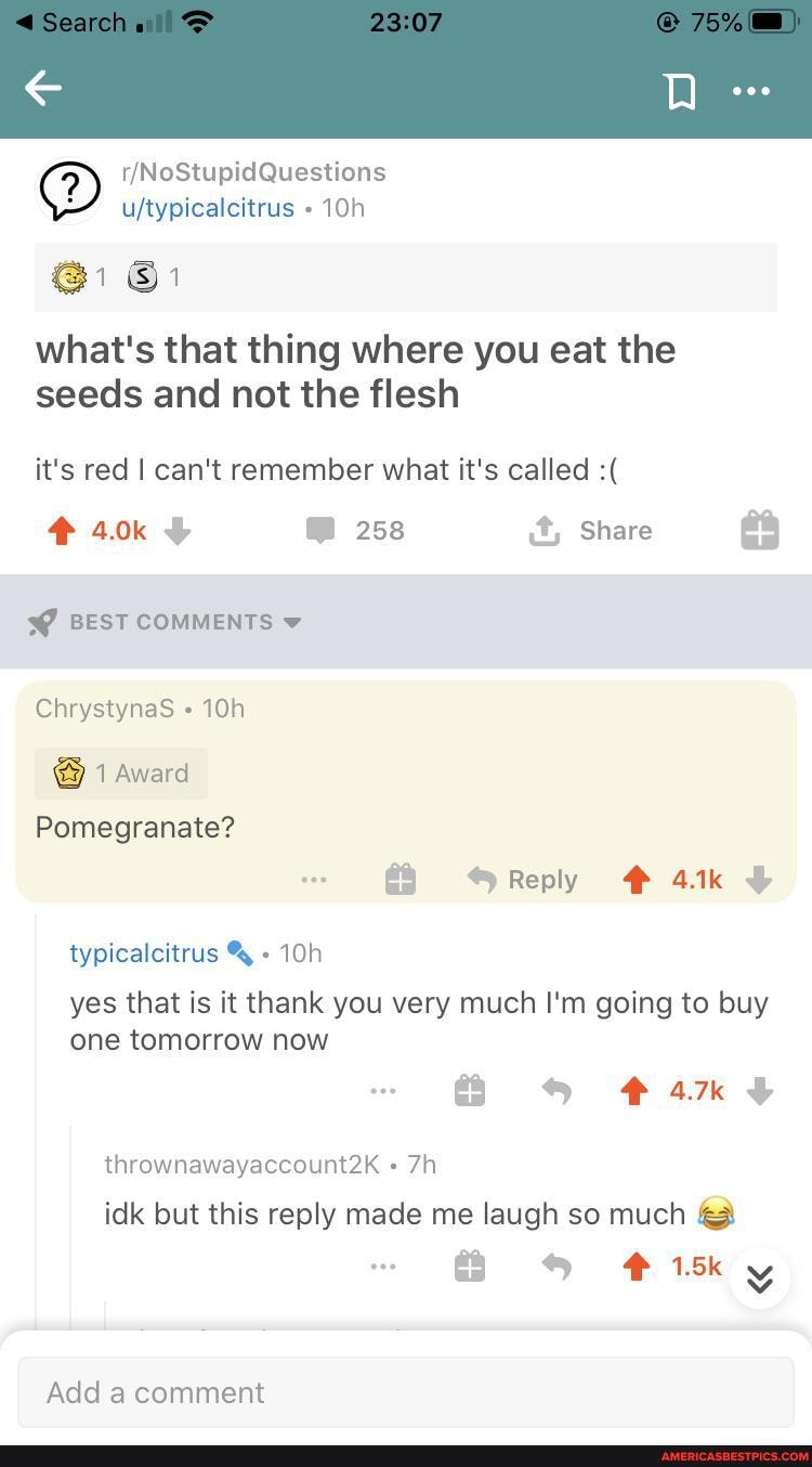what's that thing where you eat the seeds and not the flesh
it's red I can't remember what it's called
258 it, Share
BEST COMMENTS
ChrystynaS
1 Award
Pomegranate?
typicalcitrus %
yes that is it thank you very much I'm going to buy one tomorrow now
thrownawayaccount2K idk but this reply made me laugh so much fi &
Add a comment