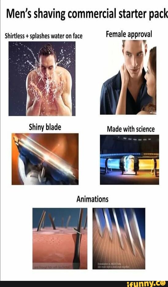 Men's shaving commercial starter pack Shirtless + splashes water on