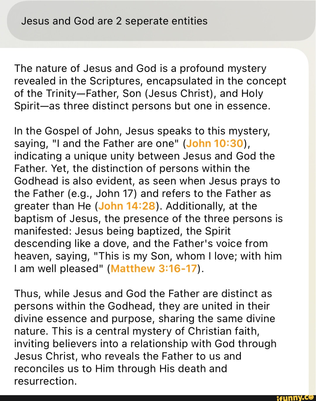 Jesus and God are 2 seperate entities The nature of Jesus and God is a ...