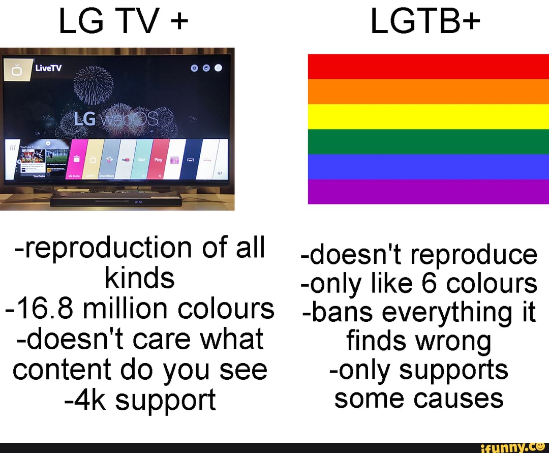 LGTBt
-reproduction of all -doesn't reproduce
kinds -only like 6 colours
-16.8 million colours -bans everything it
-doesn't care what finds wrong content do you see -only supports
support some causes