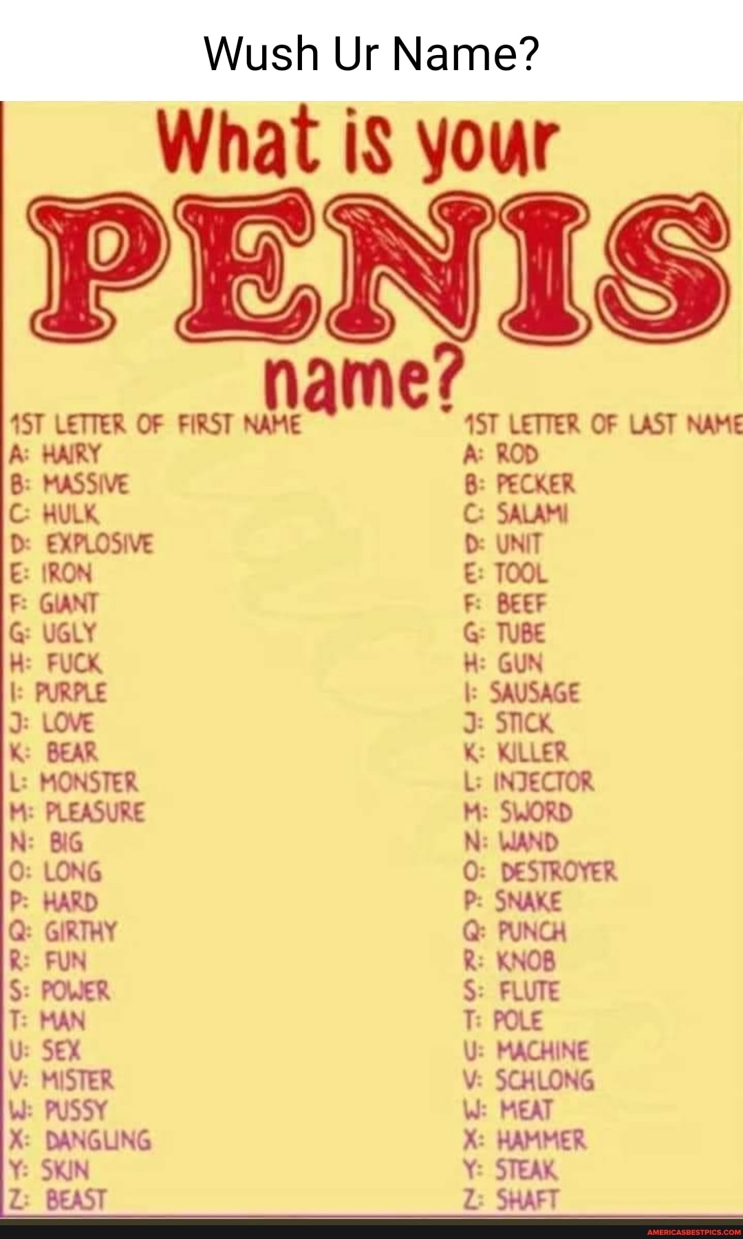 Wush Ur Name What Is Your Penis Name Letter Of First Name Letter Of Last Name