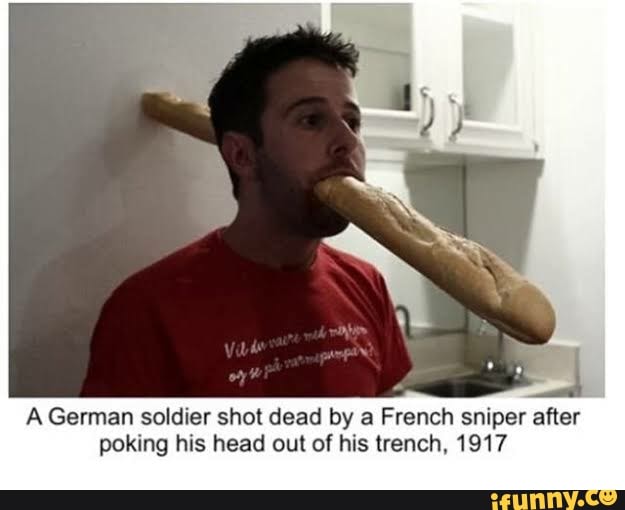 A German soldier shot dead by a French sniper after
poking his head out of his trench, 1917