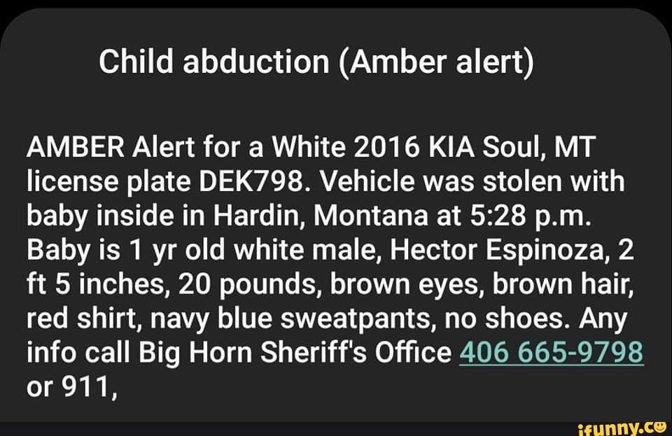 Child abduction (Amber alert) AMBER Alert for a White 2016 KIA Soul, MT license plate DEK798