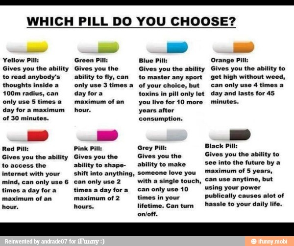 WHICH PILL DO YOU CHOOSE?
Yellow Pill:
Gives you the ability
to read anybody's
thoughts inside a
100m radius, can
only use 5 times a
day for a max
of 30 minutes.
Red Pill:
Gives you the ability
to access the
internet with your
mind, can only use 6
times a day fora
maximum of an
hour.
Green Pill: Blue Orange Pi
Gives you the _Gives you the ability Gives you the ability to
ability to fly, can to master any sport get high without weed,
only use 3 times a of your choice, but can only use 4 times a
day fora toxins in pill only lot. day and lasts for 45
maximum of an you live for 10 more minutes.
hour. yoars aftor
consumption.
Pink Pill: Grey Pill: lack Pi
Gives you the Gives you the Gives you the ability to
ability to shape-
ability to make
into the future by a
shift into anything, someone love you Maximum of 5 years,
can only use 2 with a
single touch, Can use anytime, but
times a day fora canonlyuse 10 "Sing your power
maximum of 2 in your
publically causes alot of
hours. time. Can tum
hassle to your daily life.
ono.