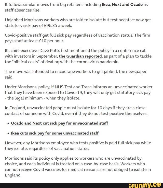 UK Supermarket cuts sick pay for unvaccinated staff It follows
