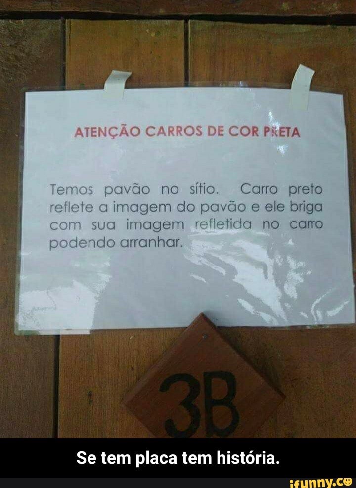 JE COR ETA
Temos pavão no sítio. Carro preto
reflete a imagem do pavão e ele briga com sua imagem refletida no carro podendo arranhar.
Se tem placa tem história. - Se tem placa tem história.