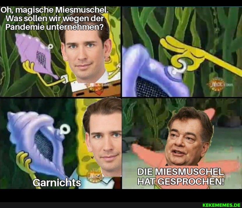 Oh, magische Miesmuschel.
Was sollen wir wegen der
Pandemie unternehmen?
DIE MIESMUSCHEL Garnichts HAT GESPROCHEN!