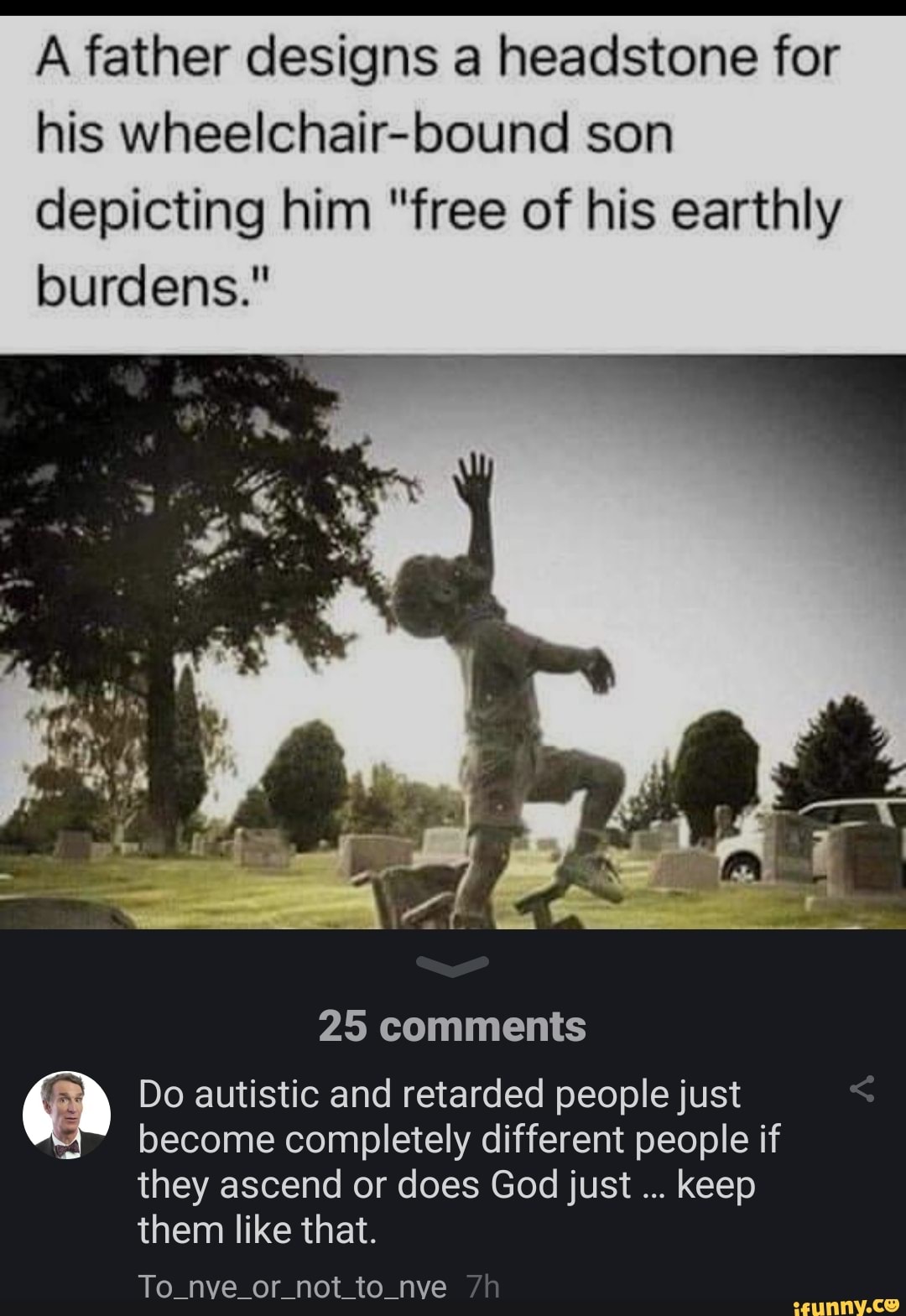 A father designs a headstone for his wheelchairbound son depicting him