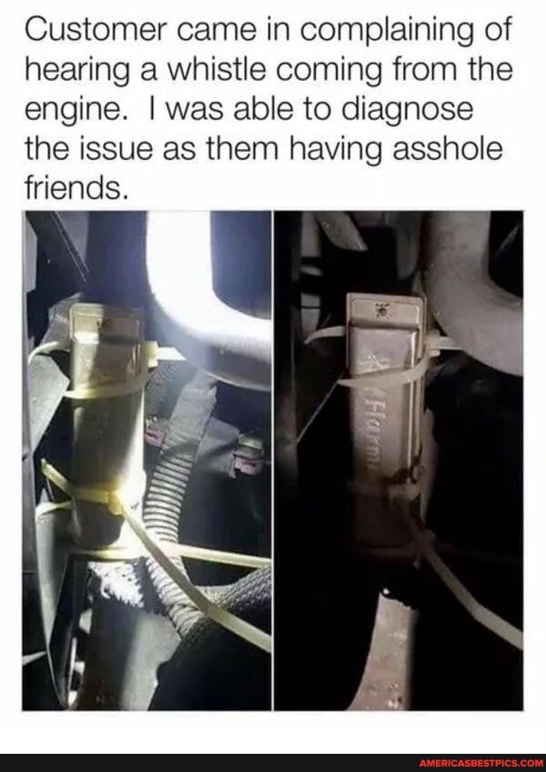 Customer came in complaining of hearing a whistle coming from the engine. I was able to diagnose the issue as them having asshole friends.