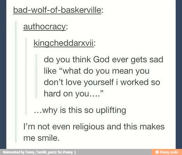bad-wolf-of-baskerville:
authocracy:
kingcheddarxvii:
do you think God ever gets sad
like "what do you mean you
don't love yourself i worked so
...why is this so uplifting
I'm not even religious and this makes
MIA