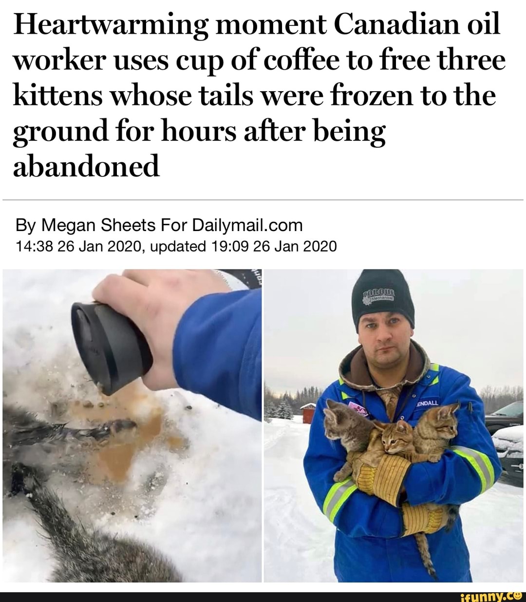 Heartwarming moment Canadian oil worker uses cup of coffee to free