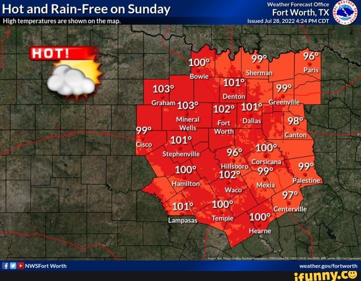 Hot and RainFree on Sunday High temperatures are shown on the map. HOT