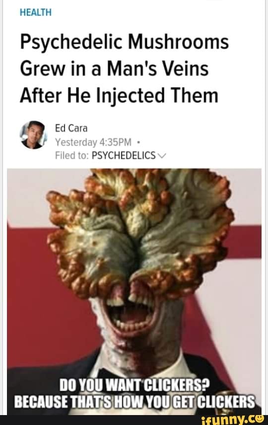 HEALTH
Psychedelic Mushrooms
Grew in a Man's Veins
After He Injected Them
Ed Cara
Yesterday
Filed to: PSYCHEDELICS
DO YOU WANT CLICKERS? _
BECAUSE THAT HOW YOU GET CLICKERS