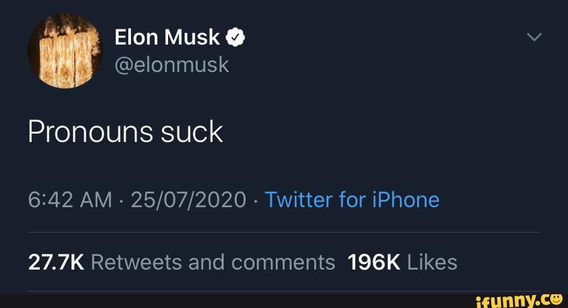 Elon Musk @ @elonmusk Pronouns Suck AM - - Twitter For IPhone - IFunny