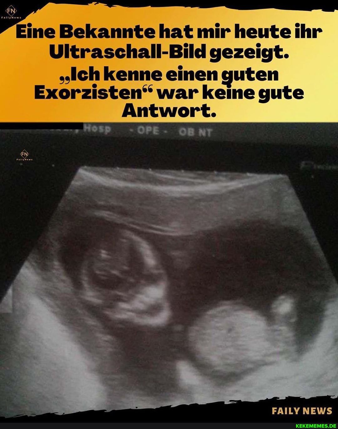 Eine Bekannte hat mir heute ihr
Ultraschall-Bild gezeigt.
"Ich kenne einen quten
Exorzisten" war keine gute
Antwort.
FAILY NEWS