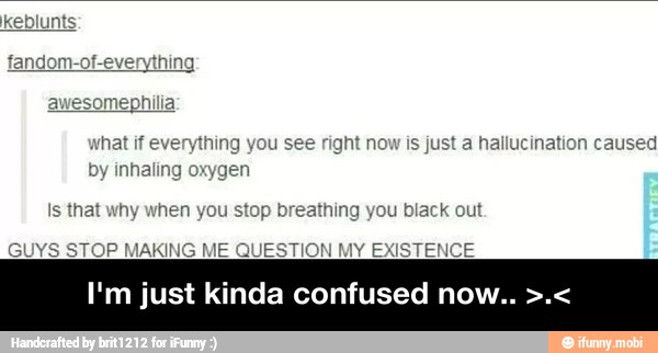 what if everything you see right now is just a hallucination caused
by inhaling oxygen
Is that why when you stop breathing you black out
GUYS STOP MAKING ME QUESTION MY EXISTENCE
I'm just kinda confused now.. - I'm just kinda confused now.. >.<
