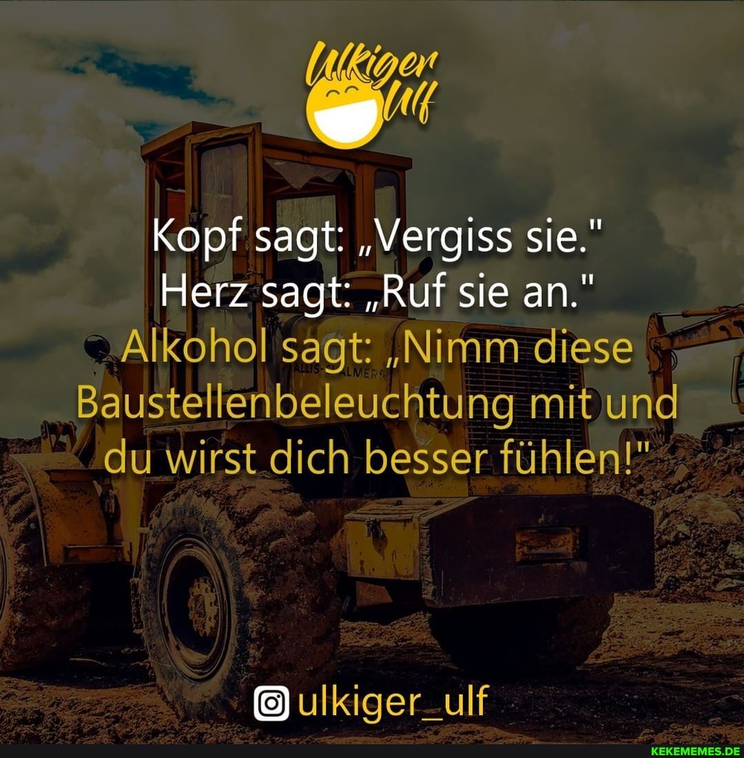 Kopf sagt: "Vergiss sie."
Herz sagt: "Ruf sie an."
Alkohol sagt: "Nimm diese
Baustellenbeleuchtung mit und du wirst dich besser fühlen!"
ulkiger_ulf