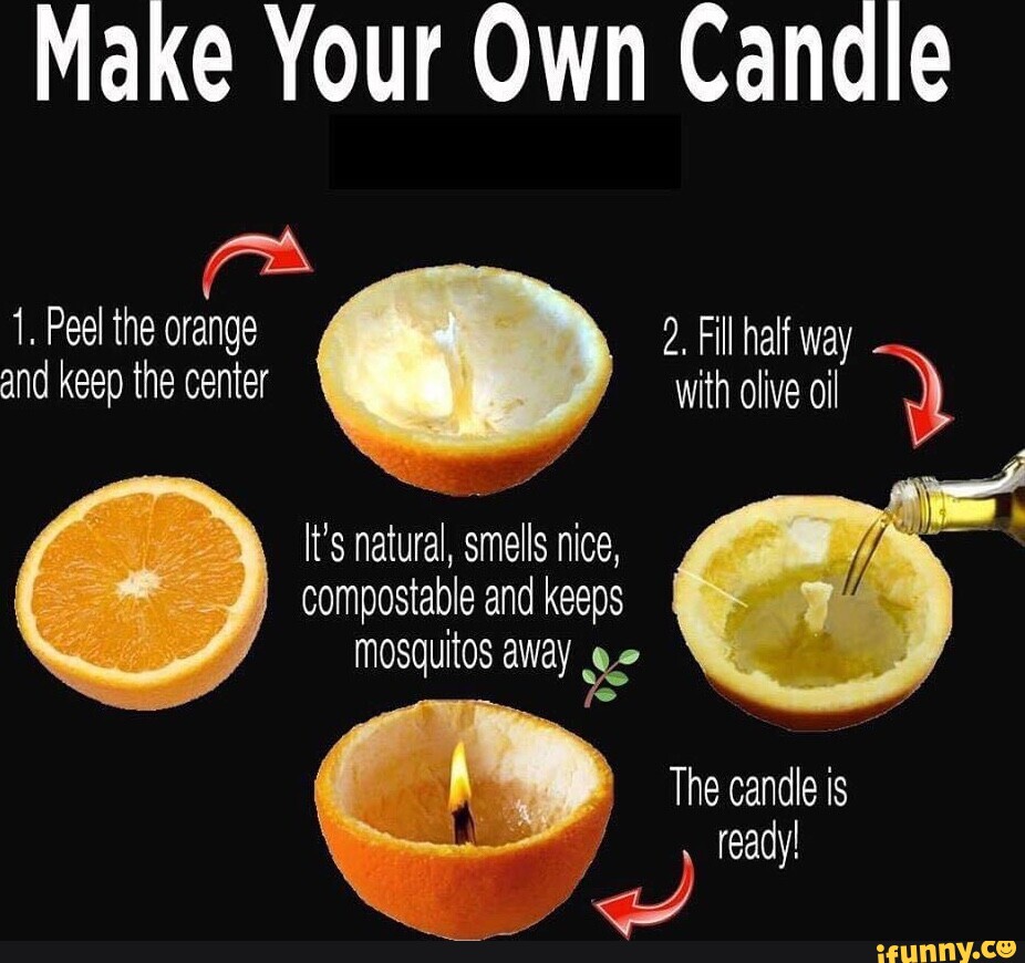 Make Your Own Candle 1. Peel the orange 2. Fill half way and keep the