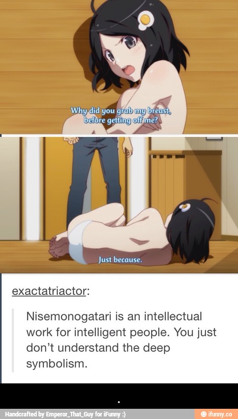 exactatriactor:
Nisemonogatari is an intellectual
work for intelligent people. You just
don’t understand the deep
symbolism. - .