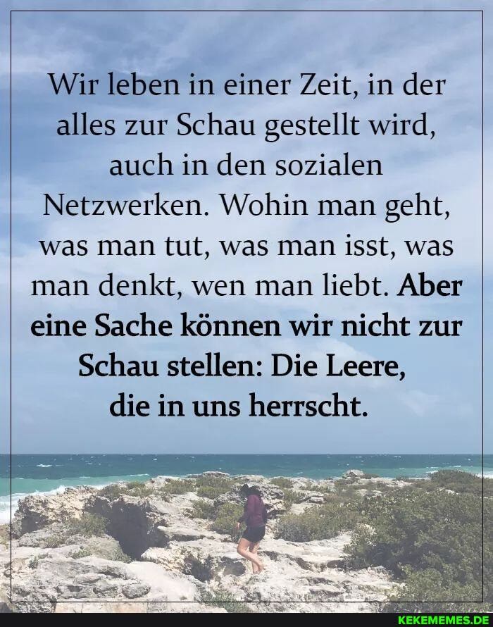 Wir leben in einer Zeit, in der I I alles zur Schau gestellt wird, I auch in den sozialen
Netzwerken. Wohin man geht, was man tut, was man isst, was man denkt, wen man liebt. Aber I eine Sache können wir nicht zur
I Schau stellen: Die Leere, die in uns herrscht.