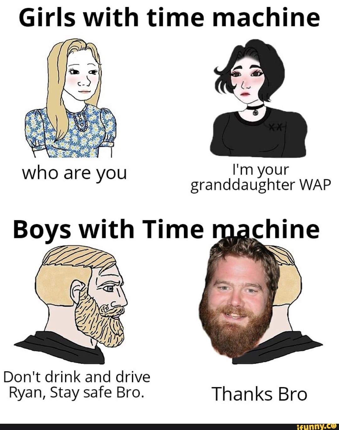 Girls with time machine
I'm your granddaughter WAP
Boys with Time machine
Don't drink and drive
Ryan, Stay safe Bro. Thanks Bro