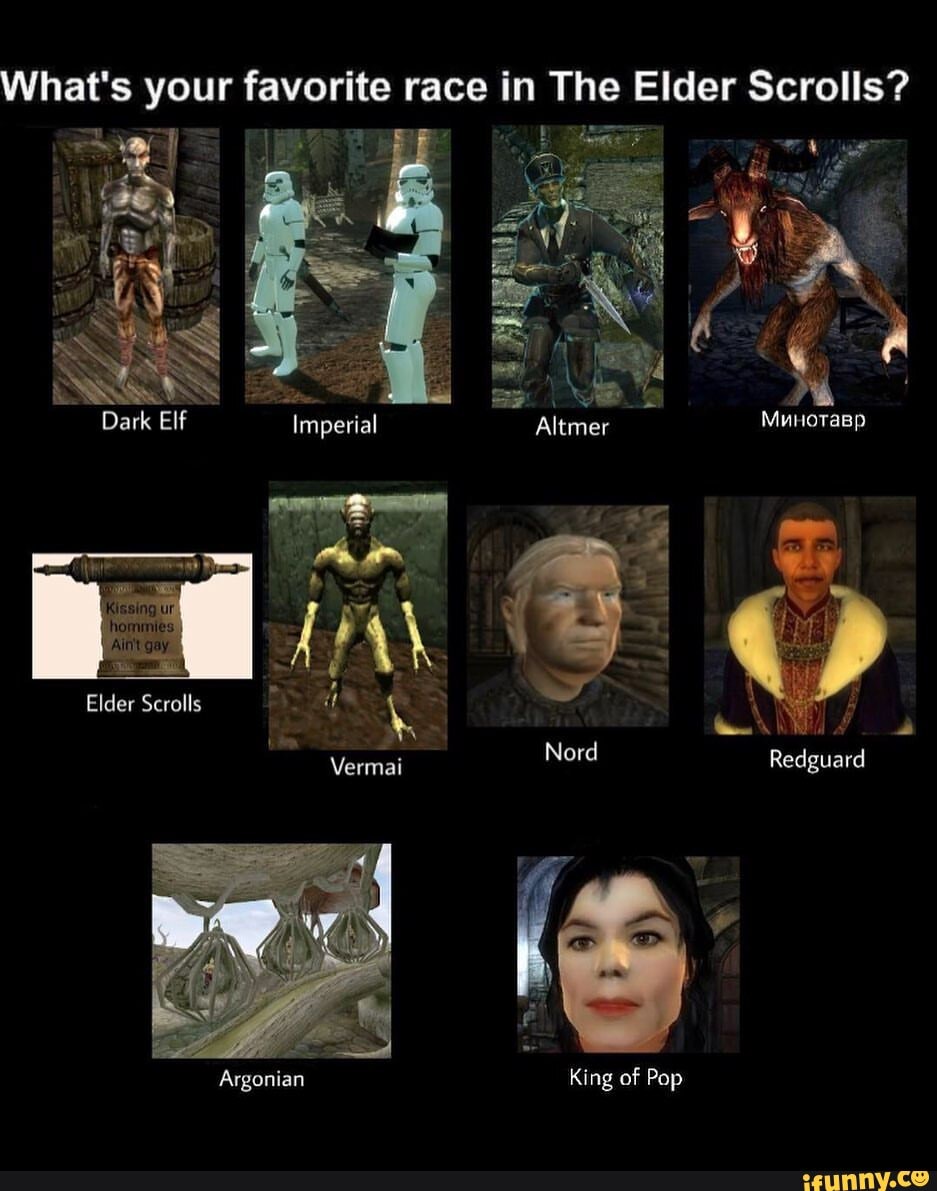What's your favorite race in The Elder Scrolls?
The Elder Scrolls?
Imperial Altmer
hommies
Ain't gay
Elder Scrolls
Vernal Nord Redguard
Argonian King of Pop