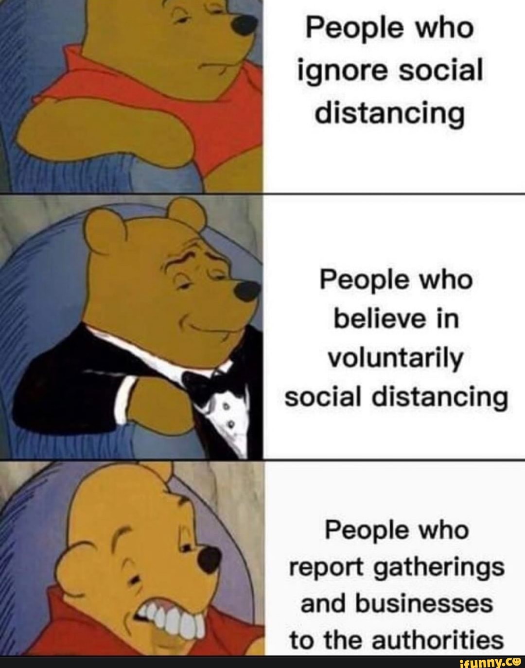 People who
ignore social
distancing
People who
believe in
voluntarily
social distancing
People who
report gatherings
and businesses
to the authorities