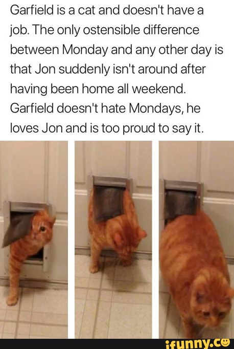 Garfield is a cat and doesn't have a job. The only ostensible difference between Monday and any other day is that Jon suddenly isn't around after having been home all weekend.
Garfield doesn't hate Mondays, he loves Jon and is too proud to say it.