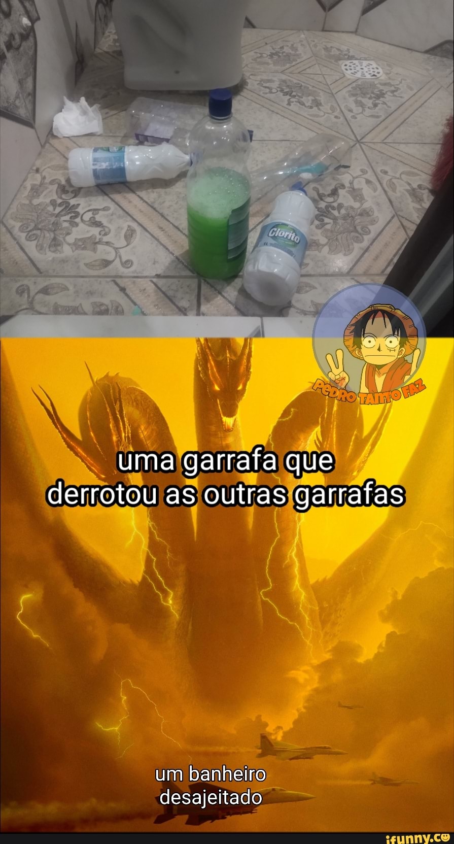 uma garrafa que derrotou as outras garrafas
um banheiro desajeitado