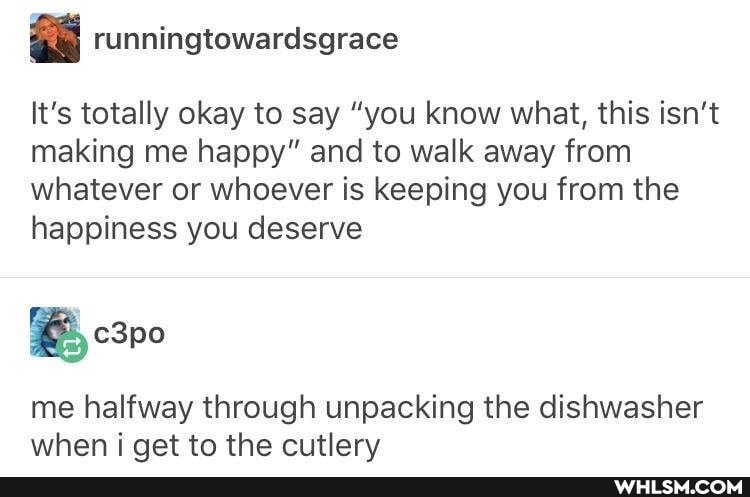 runningtowardsgrace
It's totally okay to say "you know what, this isn't making me happy" and to walk away from whatever or whoever is keeping you from the happiness you deserve
me halfway through unpacking the dishwasher when aet to the cutlerv