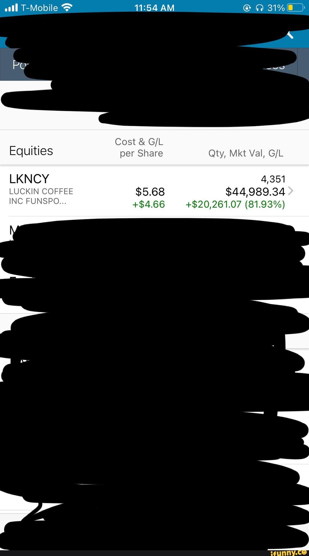 T-Mobile AM
Cost &
Equities per Share Qty, Mkt Val,
LIKINCY 4,351
LUCKIN COFFEE $5.68 $44,989.34 >
INC FUNSPO... +$4.66 +620,261.07 (81.93%)