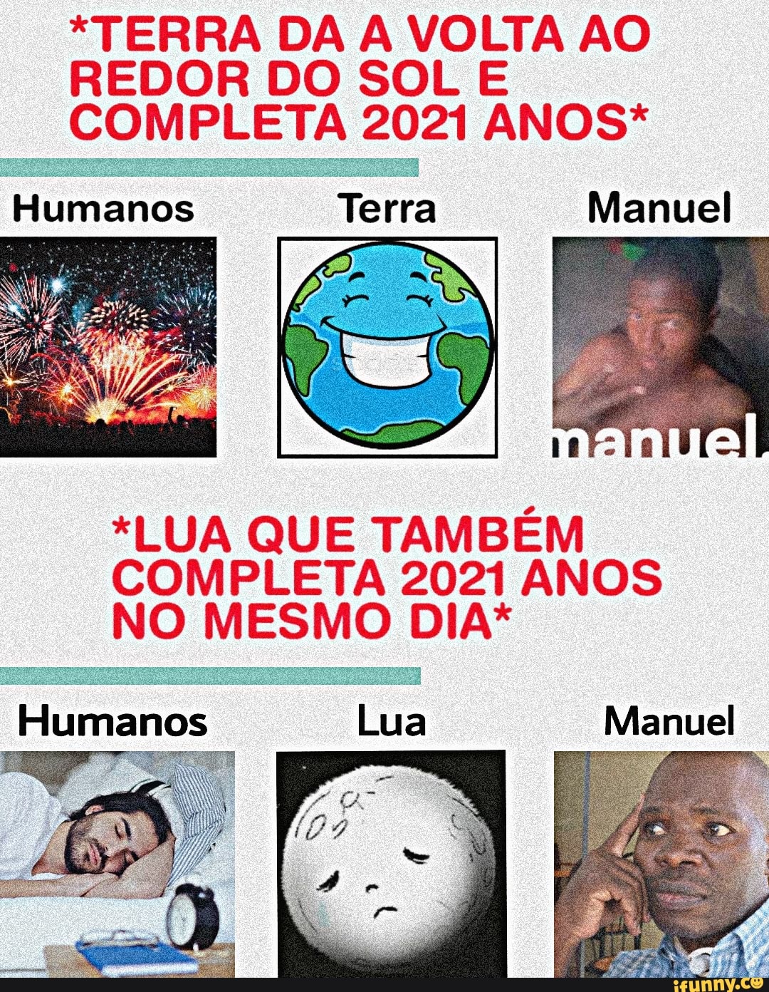 *TERRA DA A VOLTA AO REDOR DO SOL E COMPLETA 2021 ANOS*
Humanos Terra Manuel
*LUA QUE TAMBÉM COMPLETA 2021 ANOS NO MESMO DIA*
Humanos "Lua Manuel