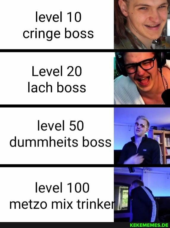 level 10 cringe boss
Level 20 lach boss
level 50 dummheits boss
level 100 metzo mix trinke