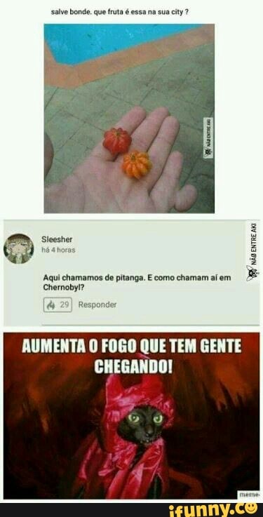 salve bonde. que fruta é essa na sua city?
'Aqui chamamos de pitanga. E como chamam al em.
ENE
E
AUMENTA O FOGO QUE TEM GENTE
CHEGANDO!