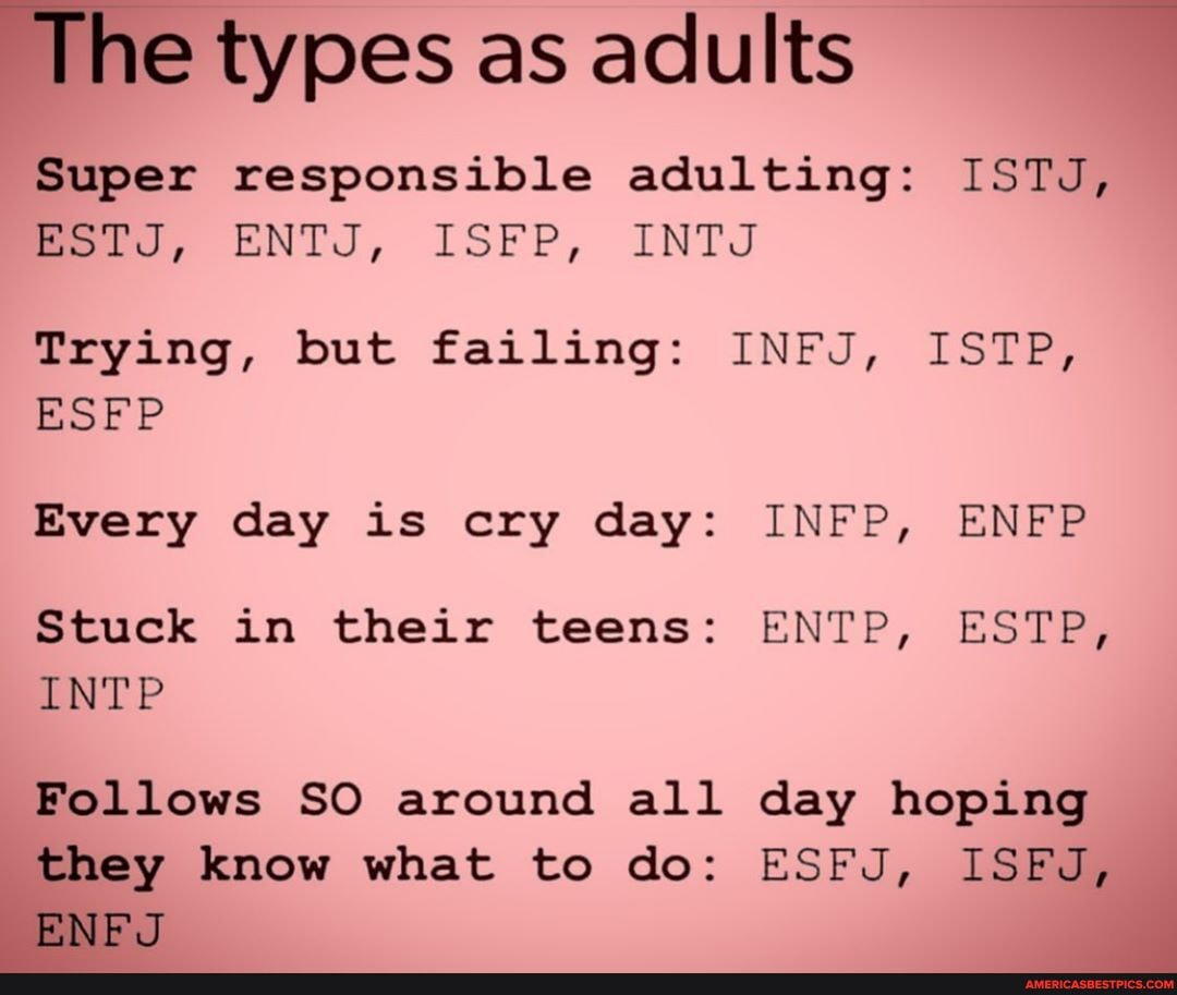 The Types As Adults Super Responsible Adulting Istj Mold Entj Isfp Intj Trying But Failing Infj
