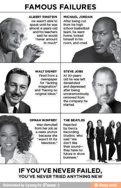 FAMOUS FAILURES
ALBERT EINSTEIN
I MICHAEL JORDAN
He want able to
I After being cut
speak un he was.
I from his high
almost 4-years-old
I school basketball
and his teachers
I team, he went
'sid he would
I home, locked
"never amount
WALT DISNEY
I STEVE JOBS
Fred froma
I At 30-years-
newspaper
I old he was left
for lacking
I devastated
imagination"
I and depressed
and "having no
I after being
original ideas."
I
unceremoniously
removed from
the company he
started,
'OPRAH WINFREY
I
THE BEATLES
was demoted
I
Rejected
fromher Job as
I
by Decca
a news anchor
I
Recording
I
because she
I
studios, who
I
said "we
television?
I
their sound-
they have no.
future in show
business.
IF YOU'VE NEVER FAILED,
YOU'VE NEVER TRIED ANYTHING NEW