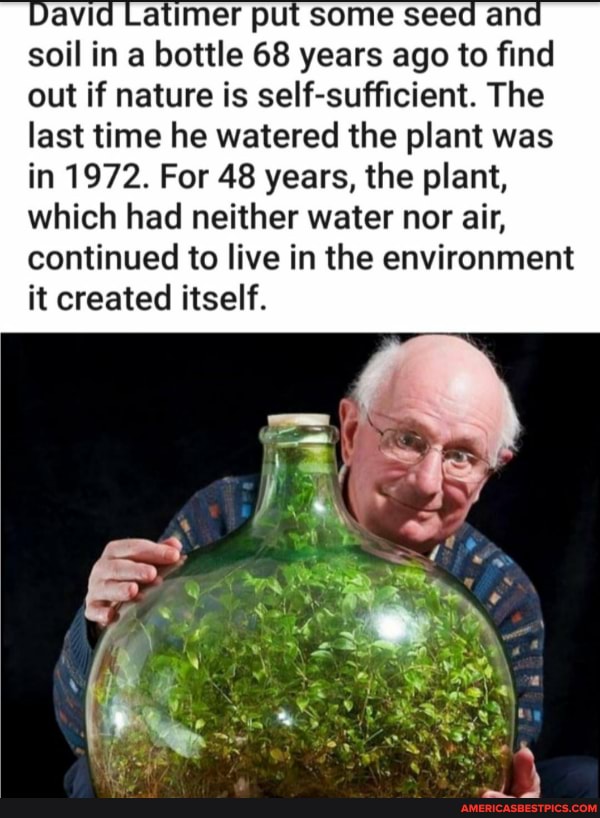 atimer put some seed and soil in a bottle 68 years ago to find out if nature is self-sufficient. The last time he watered the plant was in 1972. For 48 years, the plant, which had neither water nor air, continued to live in the environment it created itself.