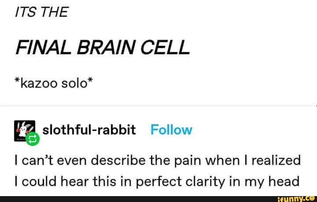 ITS THE
FINAL BRAIN CELL
*kazoo solo*
I can't even describe the pain when I realized
I could hear this in perfect clarity in my head