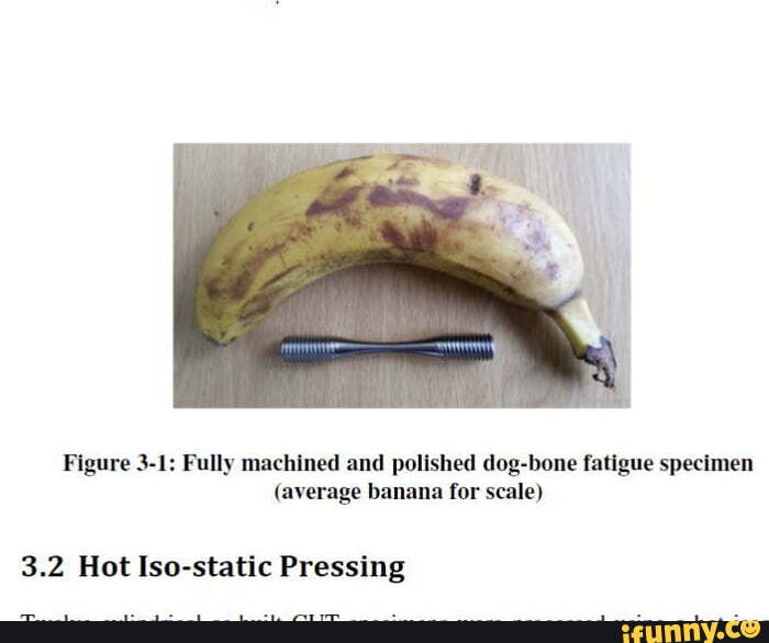 Figure 3-1: Fully machined and polished dog-bone fatigue specimen
(average banana for scale)
3.2 Hot Iso-static Pressing