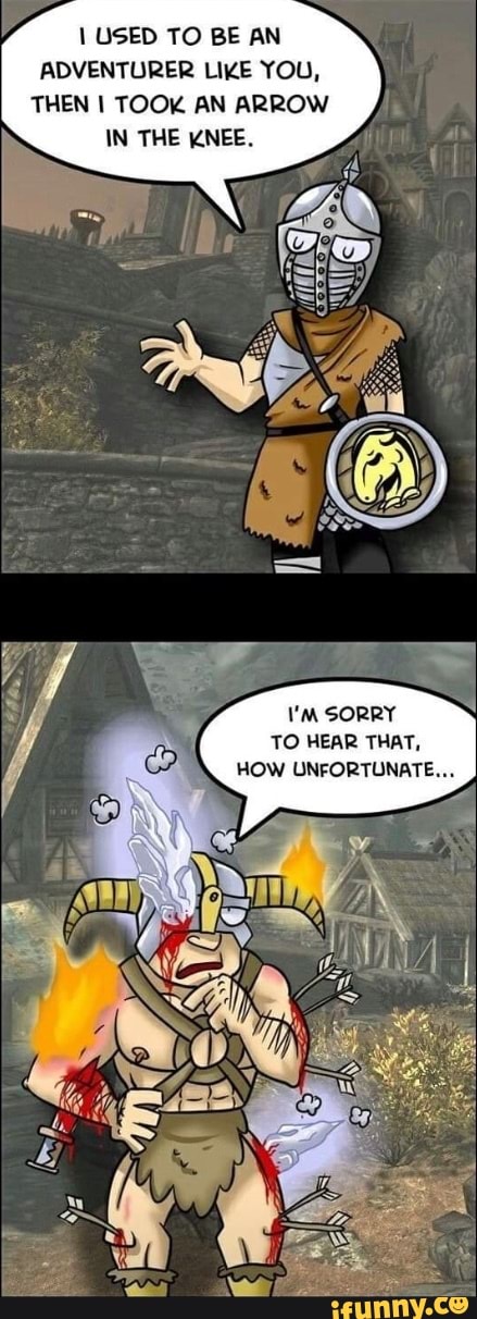 USED TO BE AN ADVENTURER LIKE YOU,
THEN I TOOK AN ARROW IN THE KNEE.
SORRY TO HEAR THAT,
HOW UNFORTUNATE...