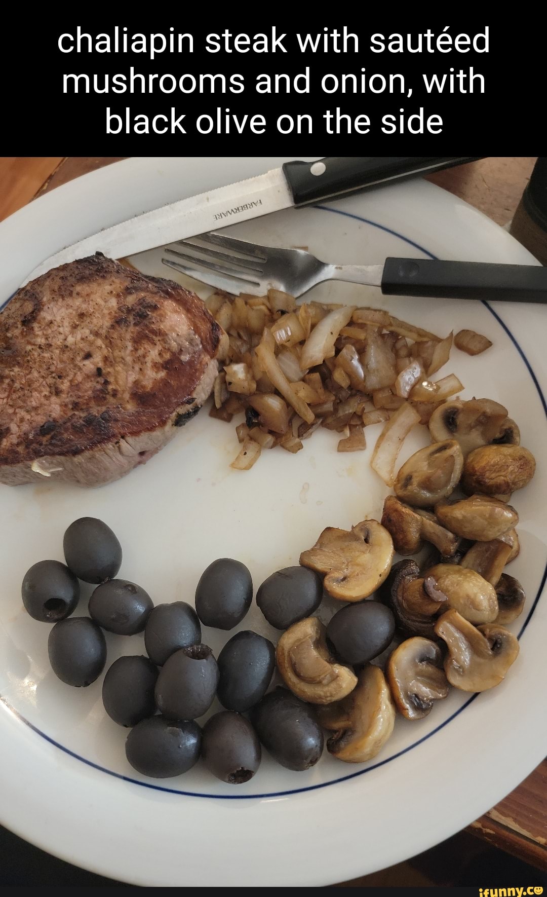 Chaliapin steak with sauteed mushrooms and onion, with black olive on ...