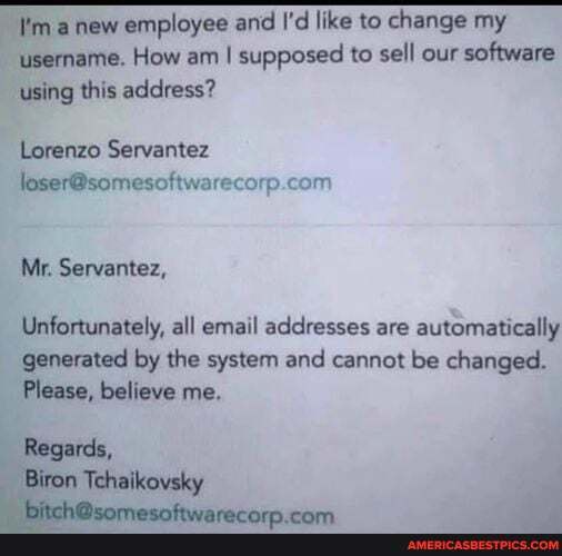 a naw employee and I'd like to change my username. How am I supposed to sell our software using this address?
Lorenzo Servantez
mm
Mr. Servantez,
Regards,
Biron Tehaikovsky
Unfortunately, all email addresses are automatically
generated by the system and cannot be changed.
Please, believe me.
