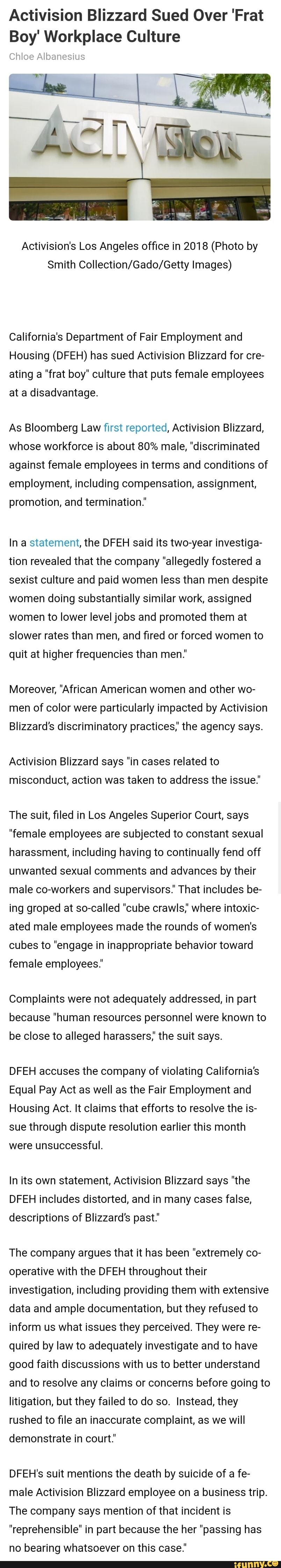 Activision Blizzard Sued Over 'Frat Boy' Workplace Culture Chloe ...