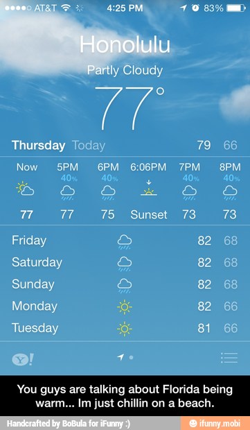 You guys are talking about Florida - You guys are talking about Florida being warm... Im just chillin on a beach.